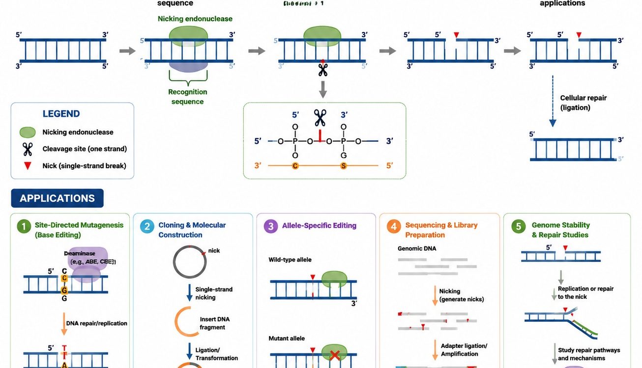 1-Mechanism of action map and applications of Nicking Endonucleases diagram