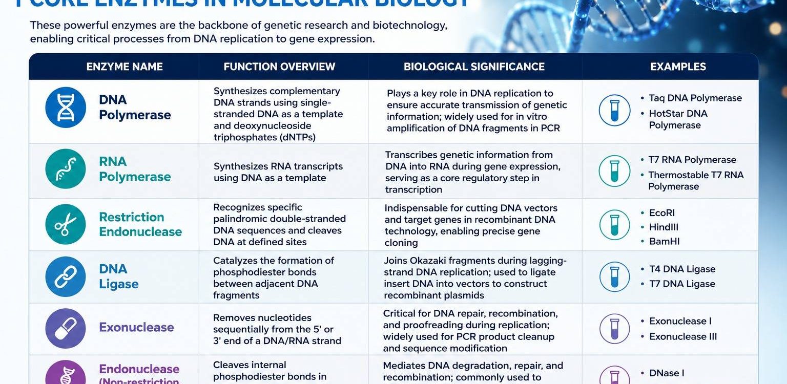 Table of core enzymes in molecular biology including polymerases, restriction enzymes, and ligases
